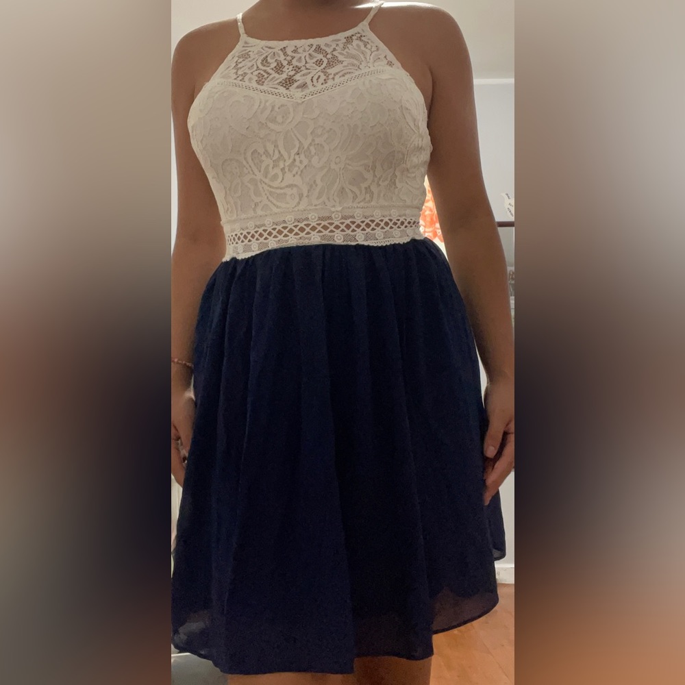 Women’s White and Blue Mini Strap Dress